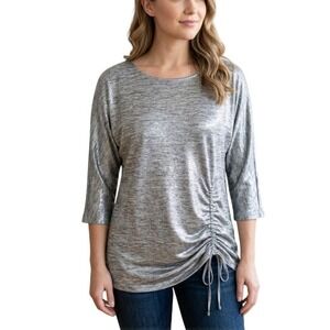 CHICOS Travelers Silver Top Womens Size 2 Medium Slinky Knit 3/4 Sleeve Cinch‎